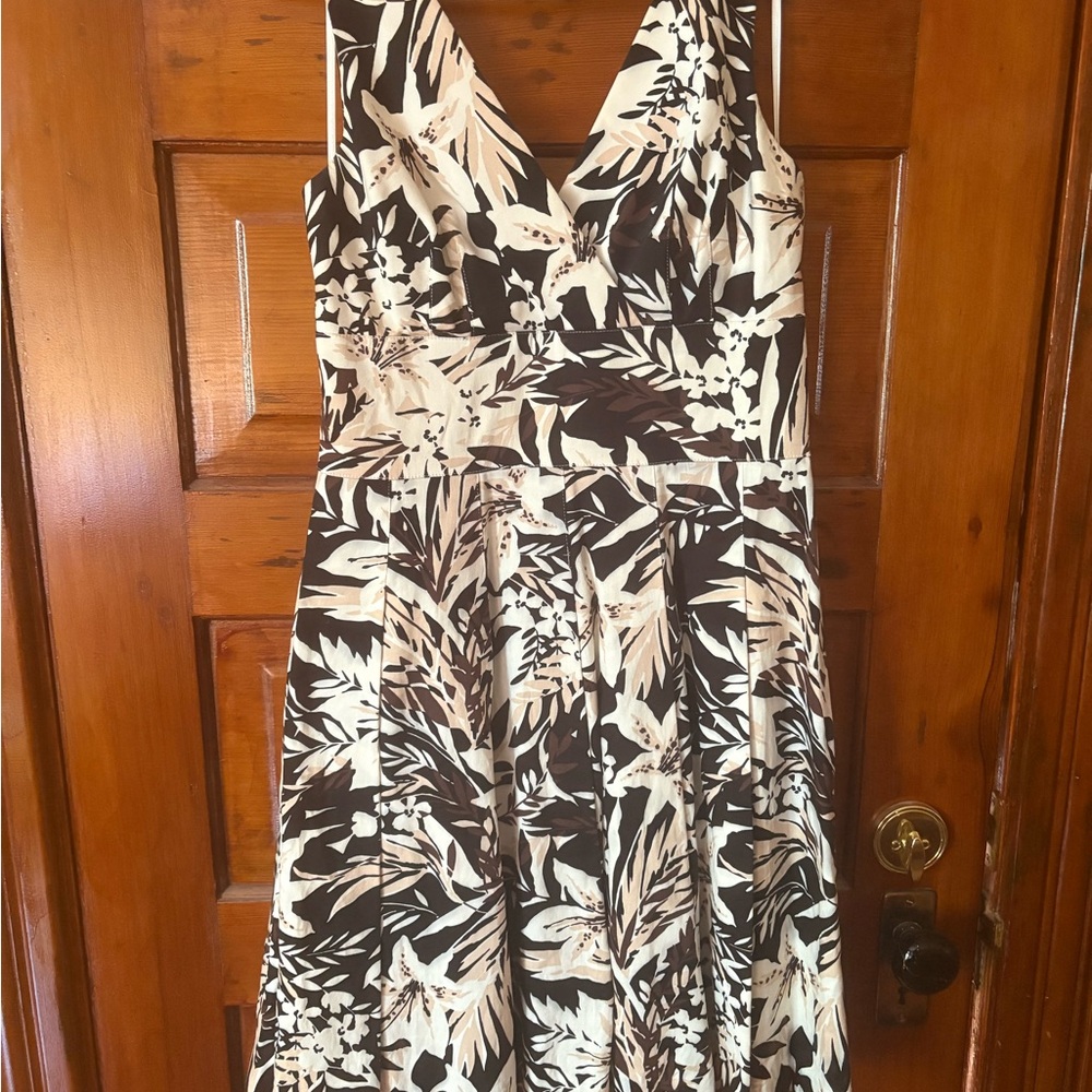 White House Black Market Brown and Cream Leaf Print Midi Dress